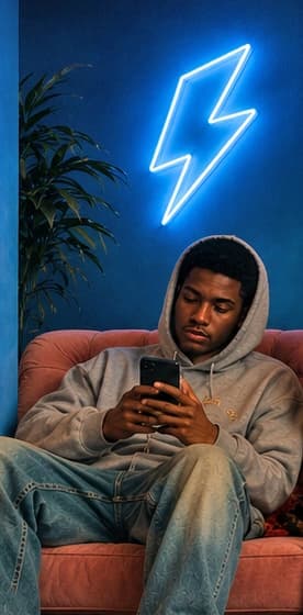 Man using a phone in a blue room