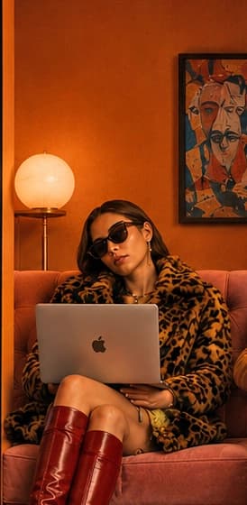 Woman using a laptop in an orange room