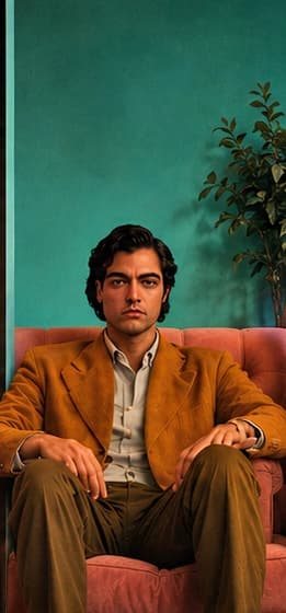 Man in a brown suit in a teal room