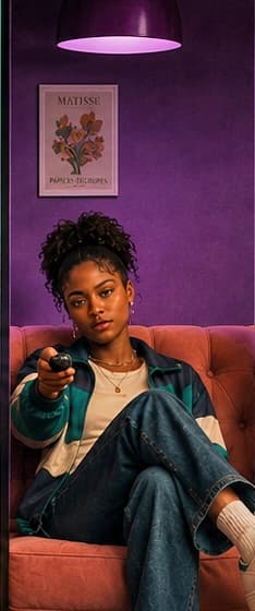 Woman holding a game controller in a purple room