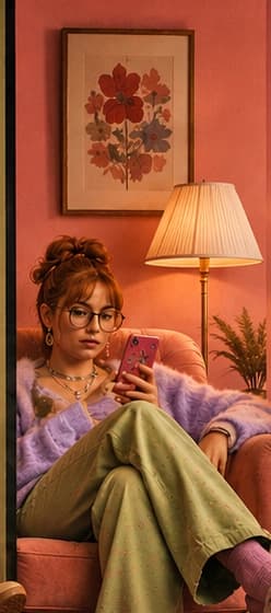 Woman using a phone in a pink room